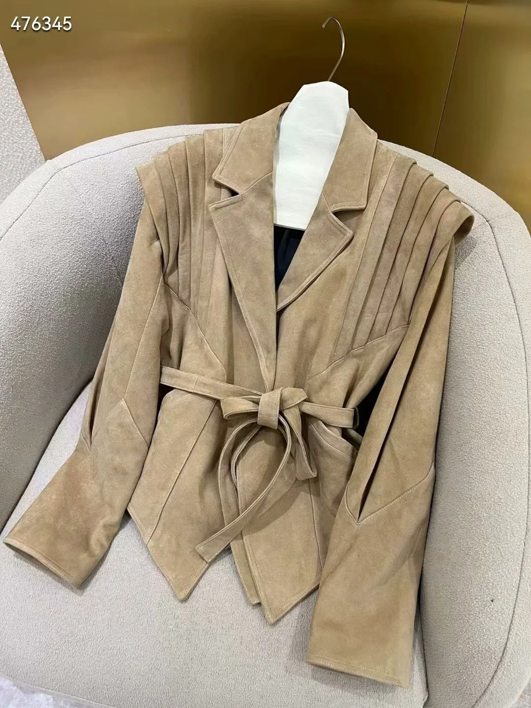 Women's tailored suede blazer with pleated shoulder details and tie belt Mune Fashion