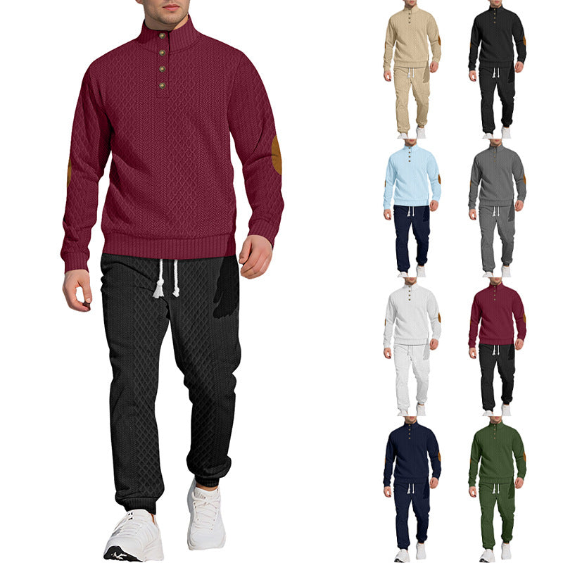 Men's patterned knit leisure set with half-button stand collar suede elbow patches and drawstring joggers Mune Fashion