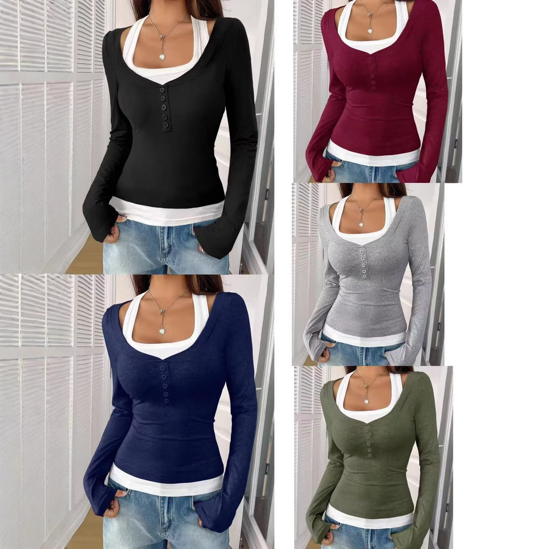 Women's fitted long-sleeve Henley shirt with deep U-neck and button placket Mune Fashion
