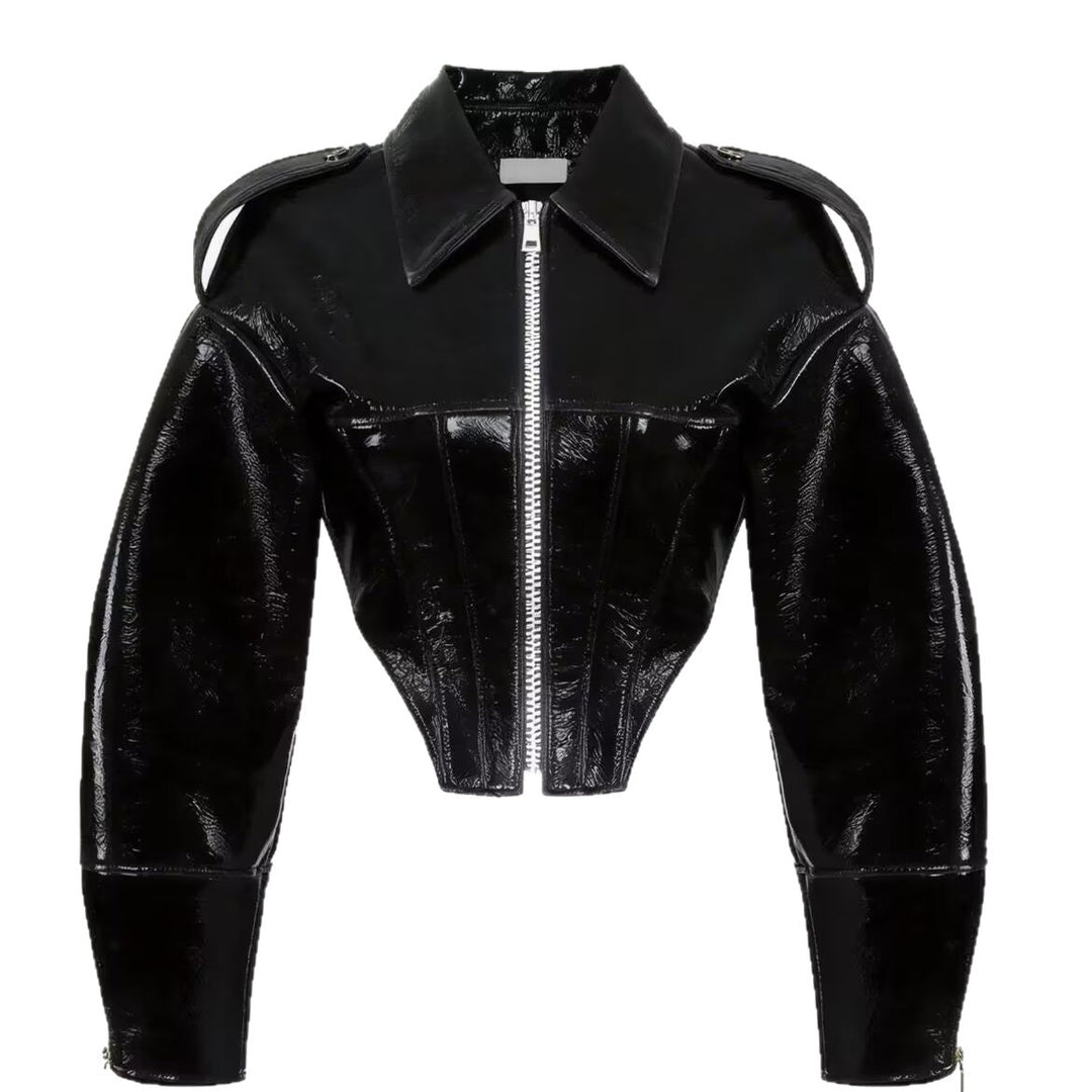 women's short-cut faux patent leather blouson with tailored corset cut Mune Fashion