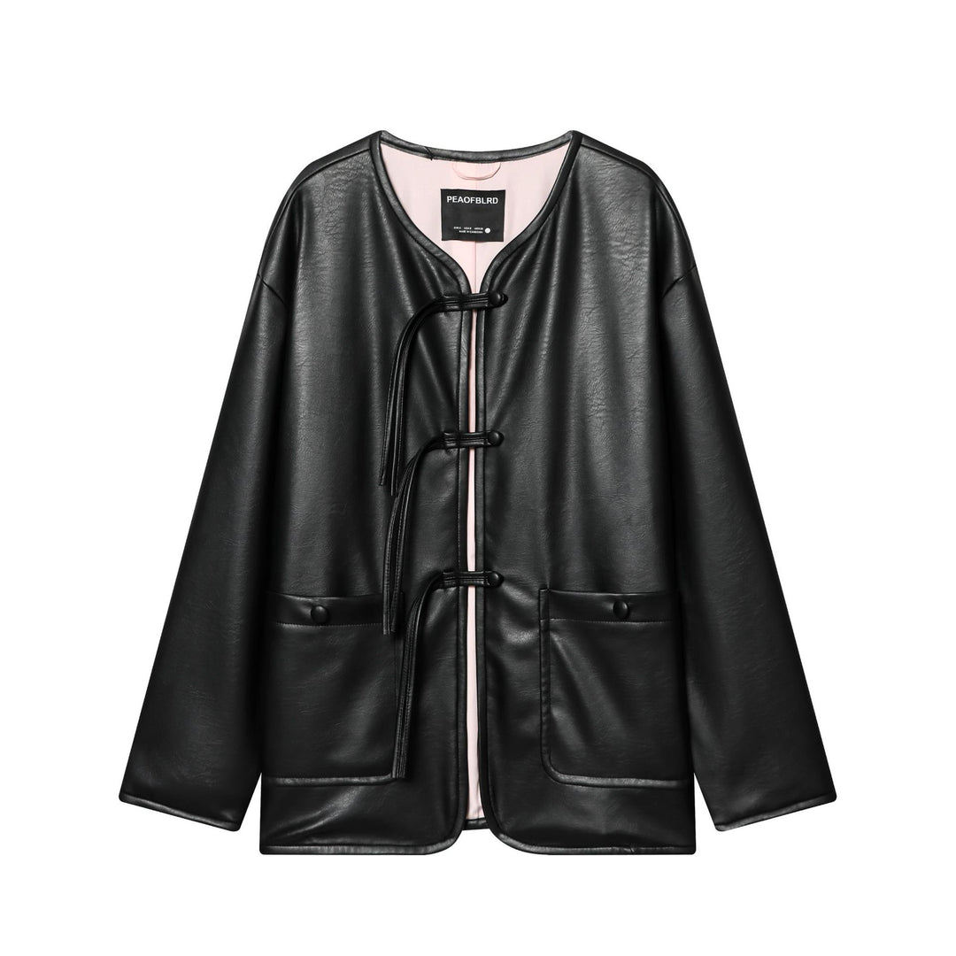 Women's Oversized Faux Leather Jacket with Toggle Closures and Applied Flap Pockets Mune Fashion
