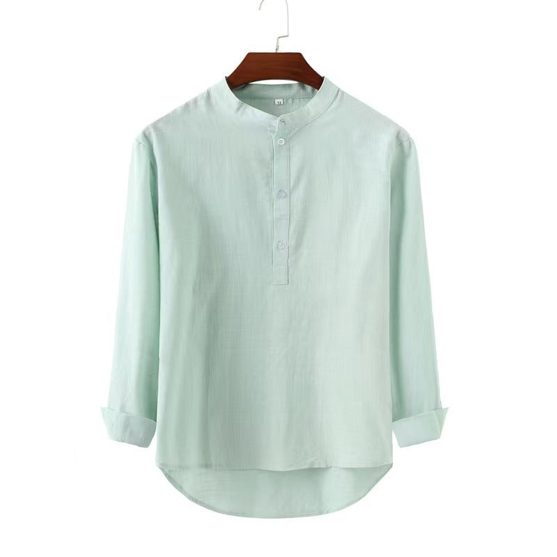 Men's casual shirt with stand-up collar, short button placket, and rounded hem Mune Fashion