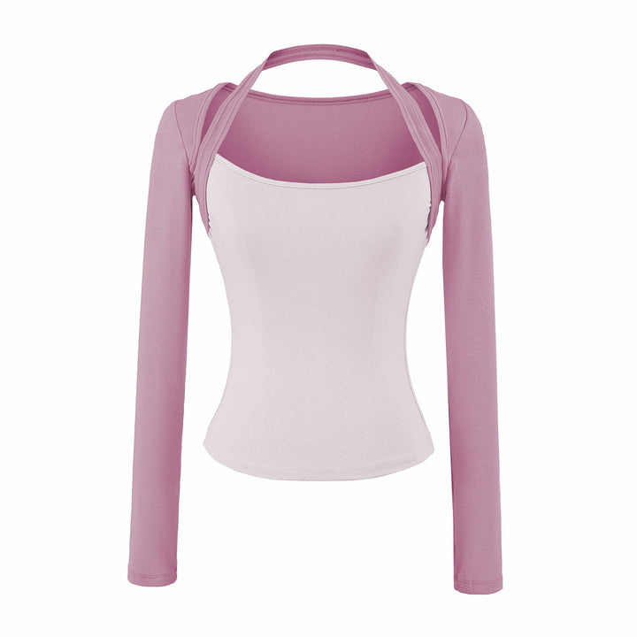 Women Fitted Layering Top with Integrated Bolero Sleeve and Neckholder Detail