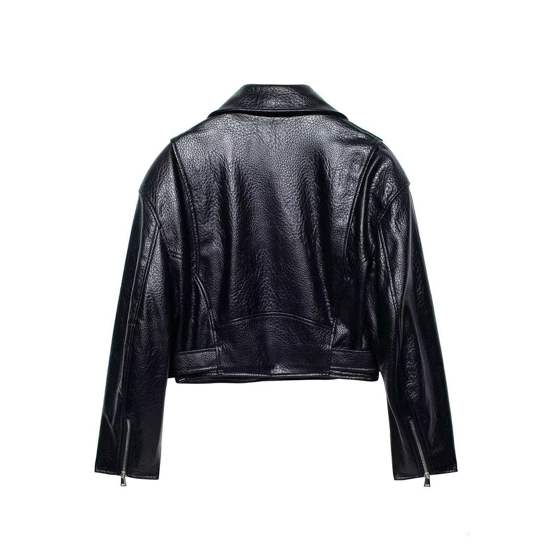 Women short-cut biker jacket in leather look with waist belt Mune Fashion