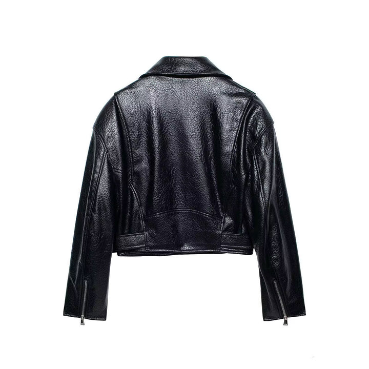 Women short-cut biker jacket in leather look with waist belt Mune Fashion