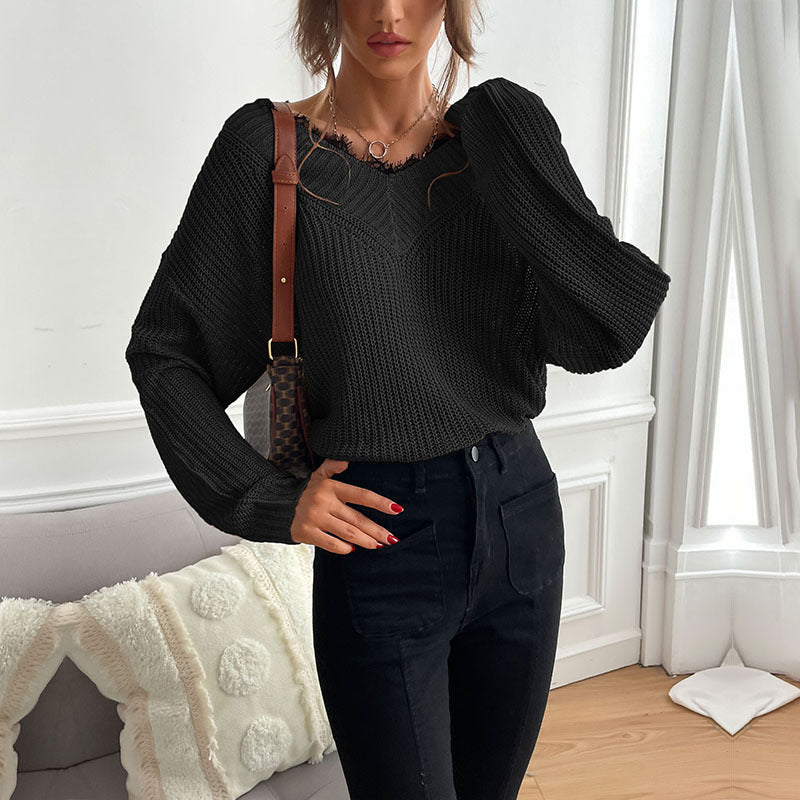 Women Elegant Knit Pullover with V-Neck and Large Pattern Mune Fashion