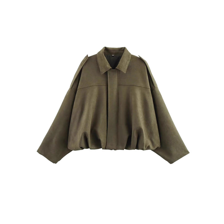 Women's Cropped Boxy Suede-Look Bomber Jacket with Epaulet Shoulders Mune Fashion