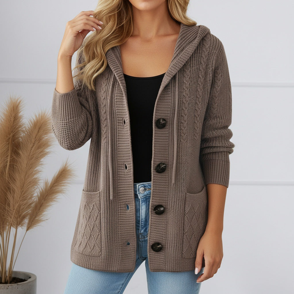 Women's knitted hooded cardigan with ribbed pattern, large wooden buttons, and patch pockets Mune Fashion