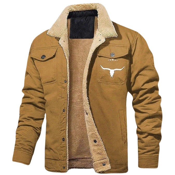 Men's Sherpa-lined canvas work jacket with胸口 pockets Mune Fashion