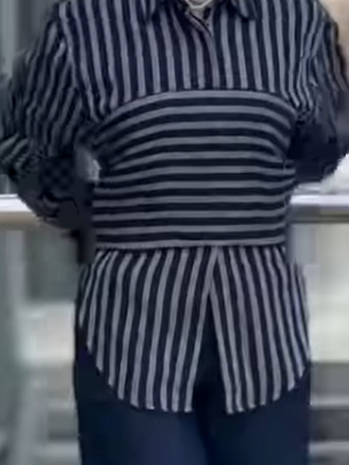 Women Striped Shirt Blouse with Waist Belt, Longer Hem and Side Slit Mune Fashion