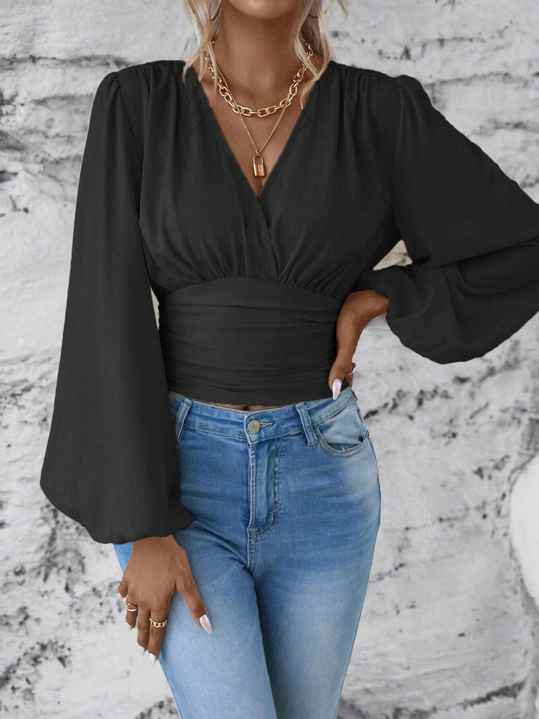Women's Wrap Cropped Top with Gathered Waist and Wide Balloon Sleeves Mune Fashion
