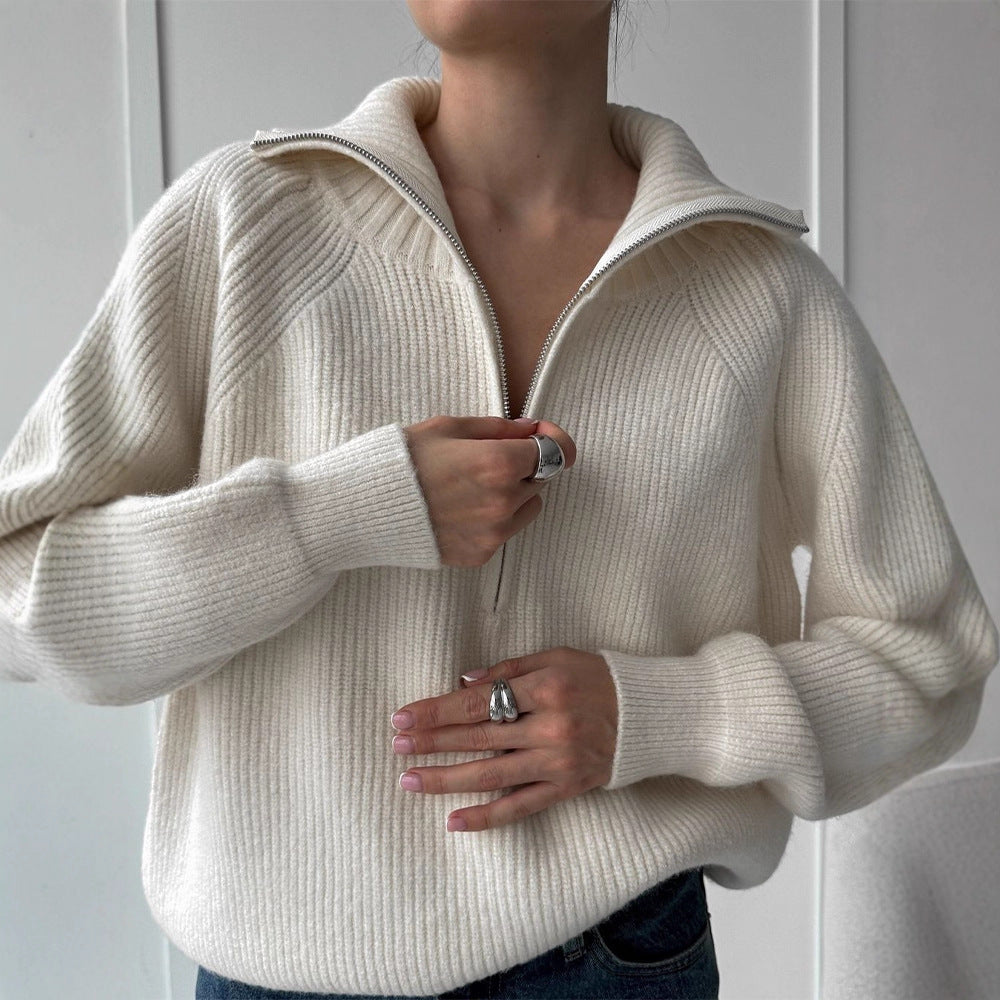 Women Ribbed Wool Blend Pullover with Half Zipper and Wide Stand-Up Collar Mune Fashion