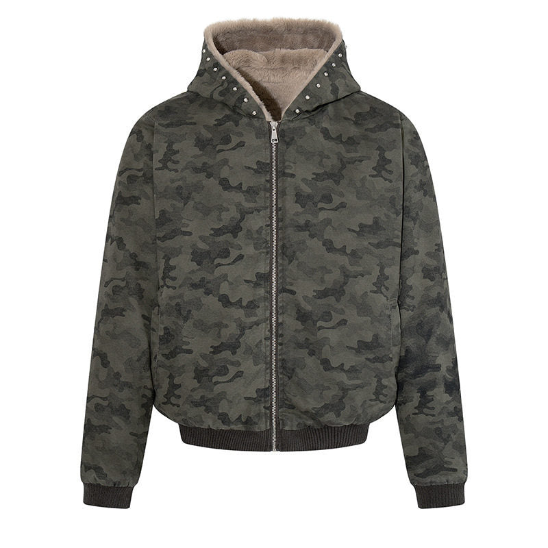 Women's padded camouflage bomber jacket with teddy lining, hood, and ribbed cuffs Mune Fashion