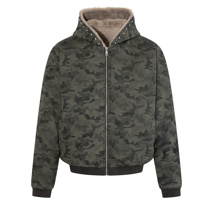 Women's padded camouflage bomber jacket with teddy lining, hood, and ribbed cuffs Mune Fashion