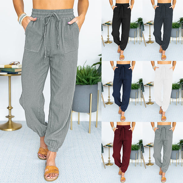 Women nan light linen look casual pants with high elastic waistband, drawstring, patched pockets and elastic ankle cuffs Mune Fashion