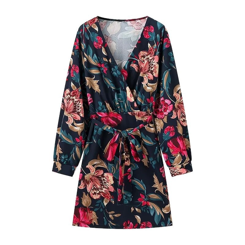 Women’s Wrap Mini Dress with Allover Floral Print, V-Neck and Waistband Mune Fashion