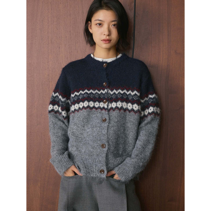 Women's Norwegian Pattern Mohair Look Cardigan with Button Placket and Round Neckline Mune Fashion