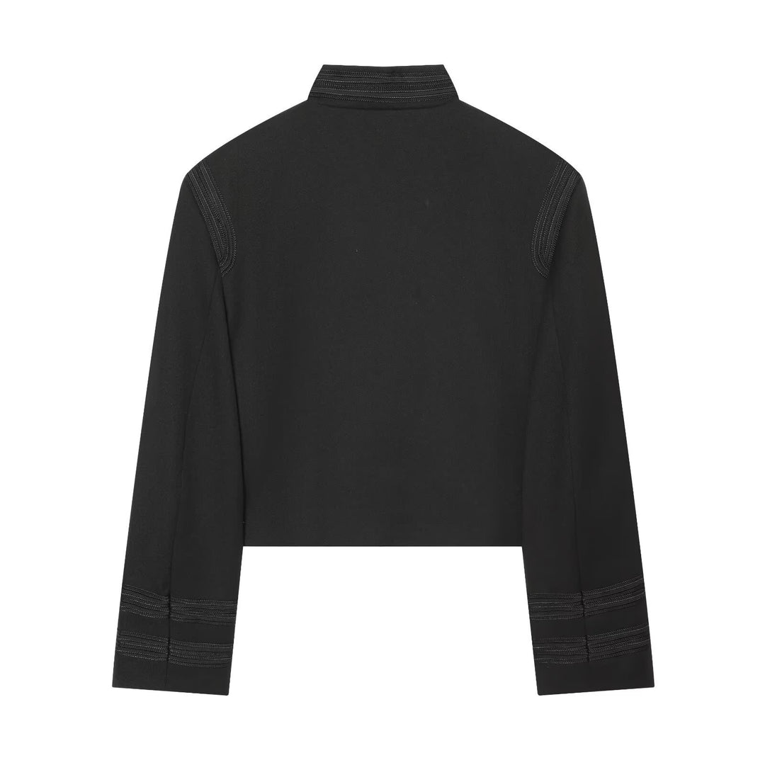 Women Cropped Box Jacket in Historical Military Style with Decorative Straps Drune
