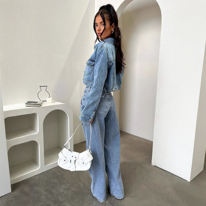 Women nan High-Waist Utility Denim Pants with applied knee patches, cargo pockets and wide flares Mune Fashion