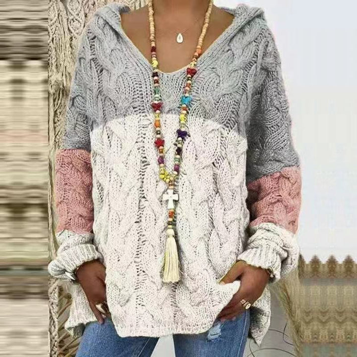 Women Oversized Cable Knit Sweater with Hood and Casual V-Neck Mune Fashion