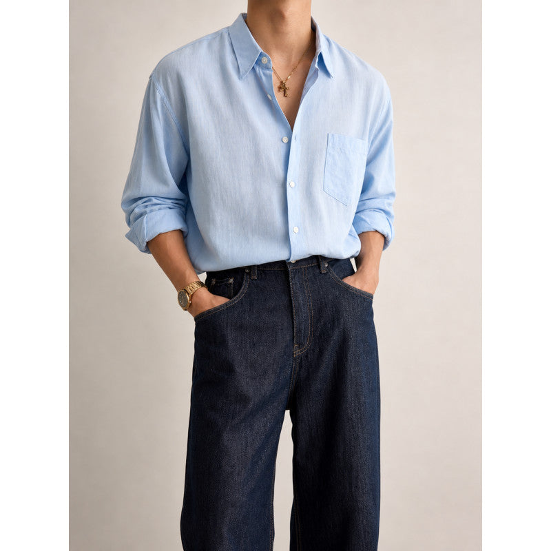 Men's Lightweight Linen-Cotton Shirt with Chest Pocket and Relaxed Fit Mune Fashion