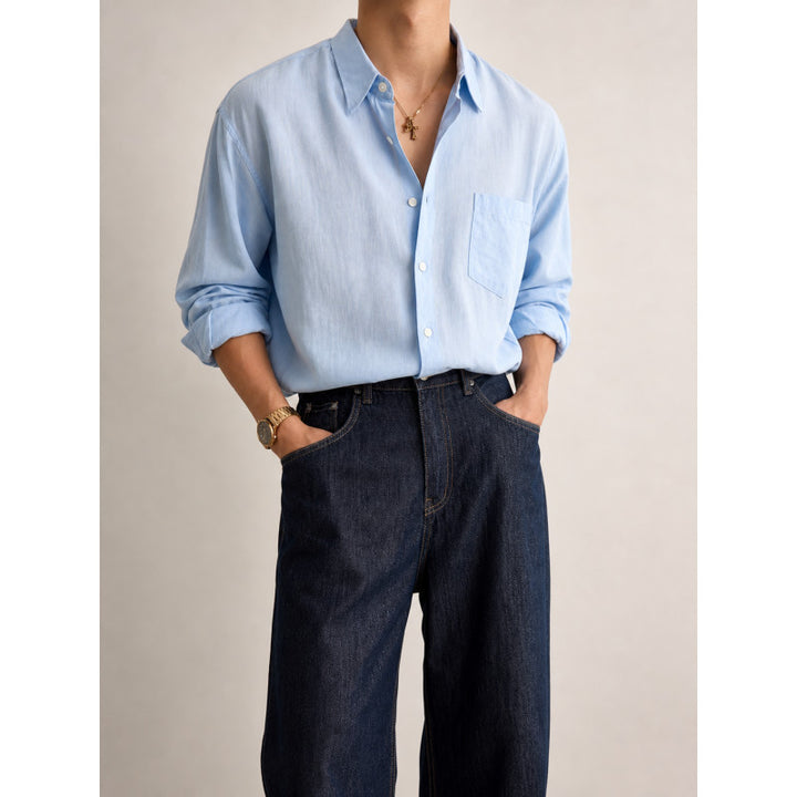 Men's Lightweight Linen-Cotton Shirt with Chest Pocket and Relaxed Fit Mune Fashion