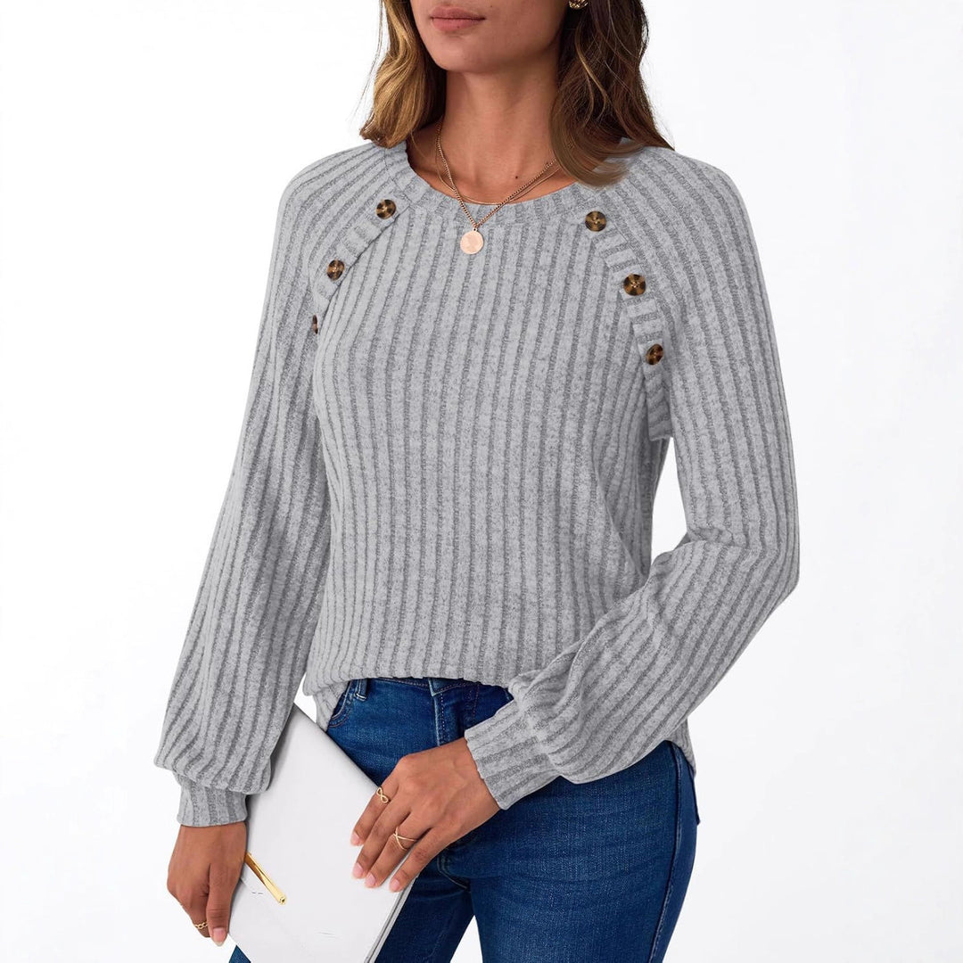 Women's Ribbed Knit Sweater with Decorative Button Placket on Raglan Sleeves Mune Fashion