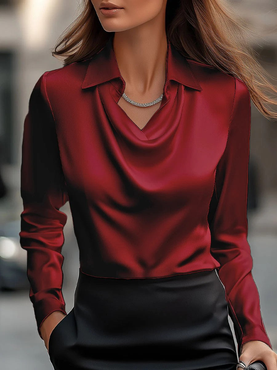 Women's satin blouse with waterfall collar and shirt collar Mune Fashion