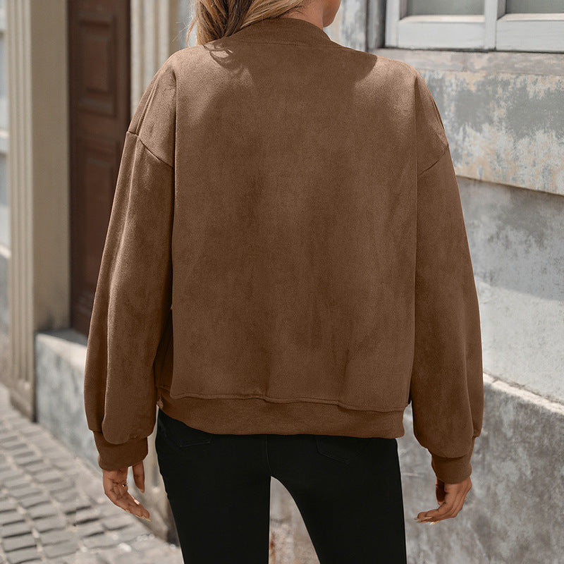 Women's Oversized Suede Look Bomber Jacket with Chest Pockets and Zipper Mune Fashion
