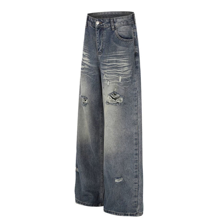Women's Wide Destroyed Denim Culotte Jeans with High Waist and Used Effect