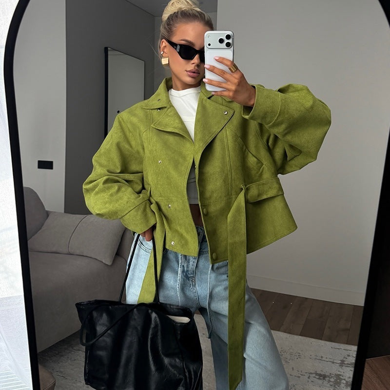 Women's Tailored Short Jacket in Suede Look with Wide Sleeve and Tie Belt Mune Fashion
