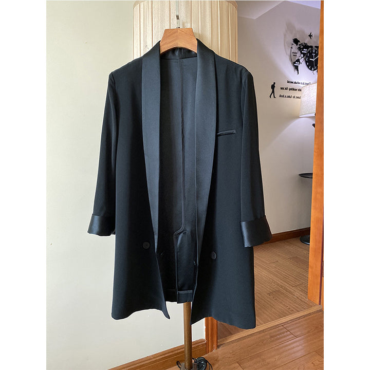Ladies oversized blazer jacket with shawl collar and satin trim Mune Fashion