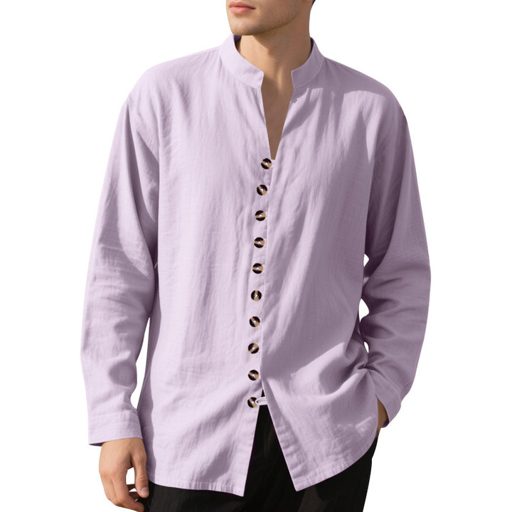 Men's casual linen shirt with Mandarin collar, continuous decorative button placket and roll-up sleeves Mune Fashion