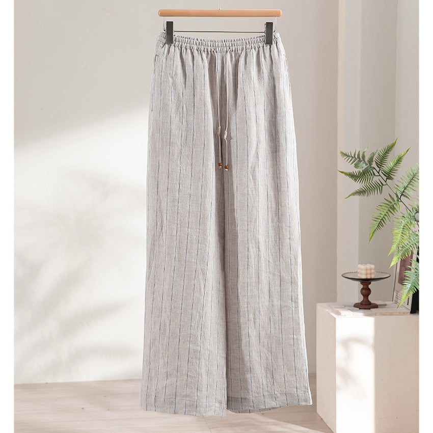 Women's Light High-Waisted Lounge Trousers made from Linen Blend with Drawstring and Pinstripe Look Mune Fashion
