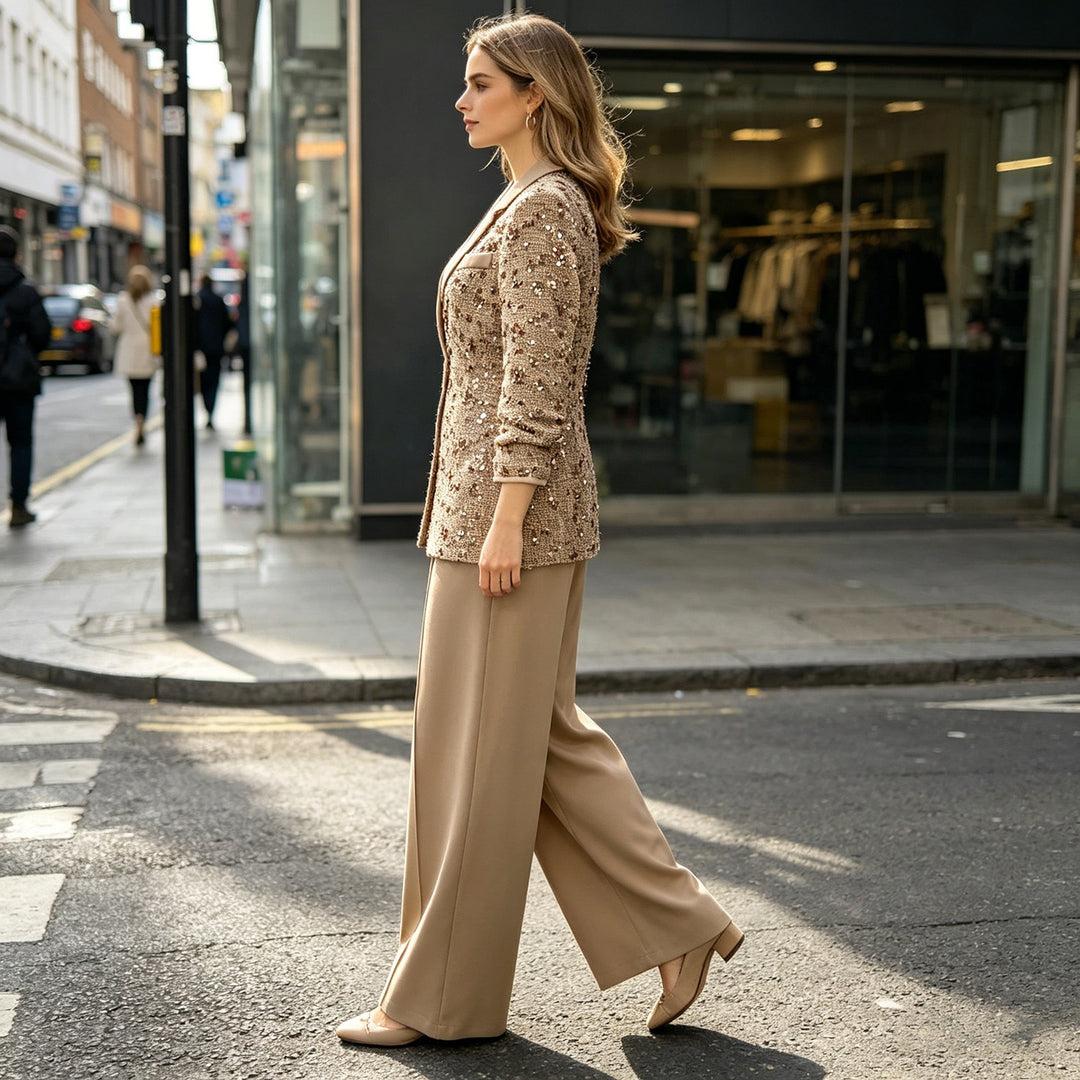 Women's Tweed Blazer with Shawl Collar, Tie Belt and Wide Palazzo Pants Set Mune Fashion