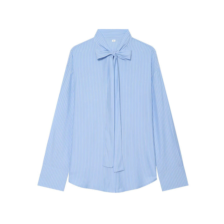 Women's Loose Blouse with Bow Collar and Pinstripes Mune Fashion