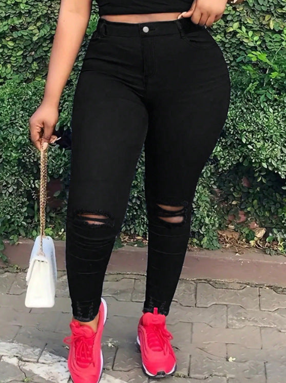 Women high-waisted body-shaping skinny jeans with knee rips and butt-lifting waistband Mune Fashion