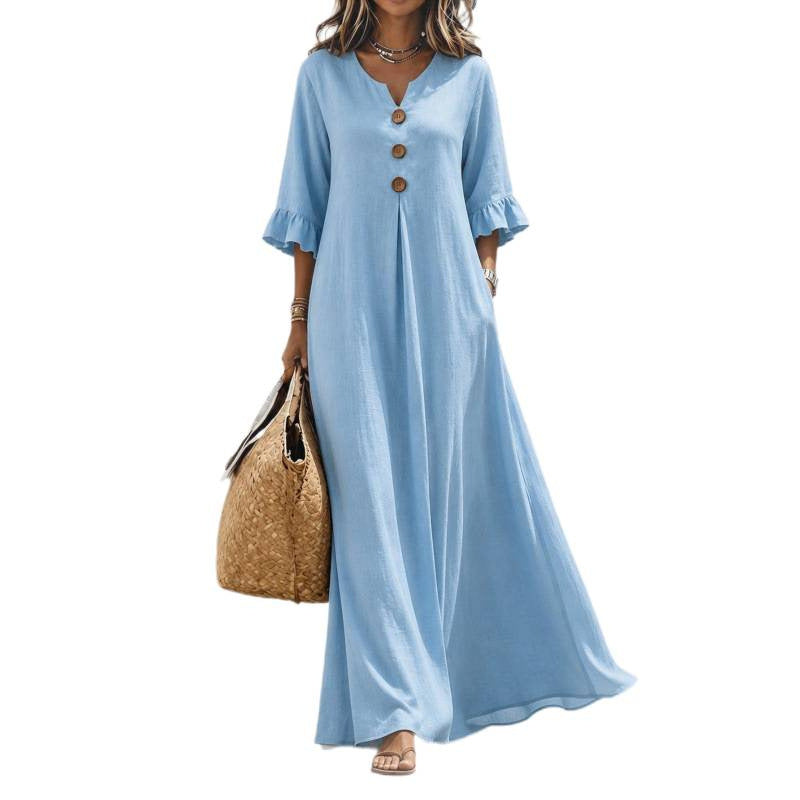 Women's Lightweight Maxi Dress in Linen Look with V-Neck, Decorative Button Placket and Flounce Sleeves Mune Fashion