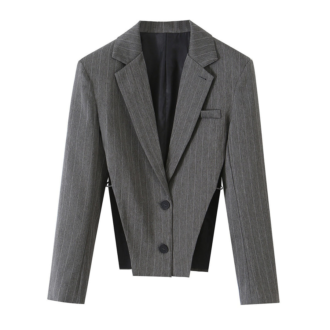 Women's Short Cut Pinstripe Blazer with Side Cut-Outs and Lacing Detail Mune Fashion