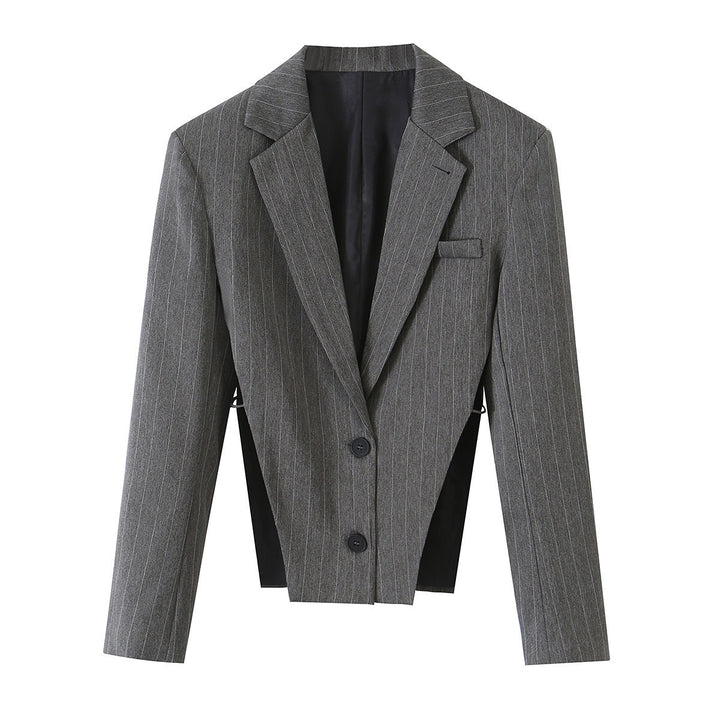 Women's Short Cut Pinstripe Blazer with Side Cut-Outs and Lacing Detail Mune Fashion