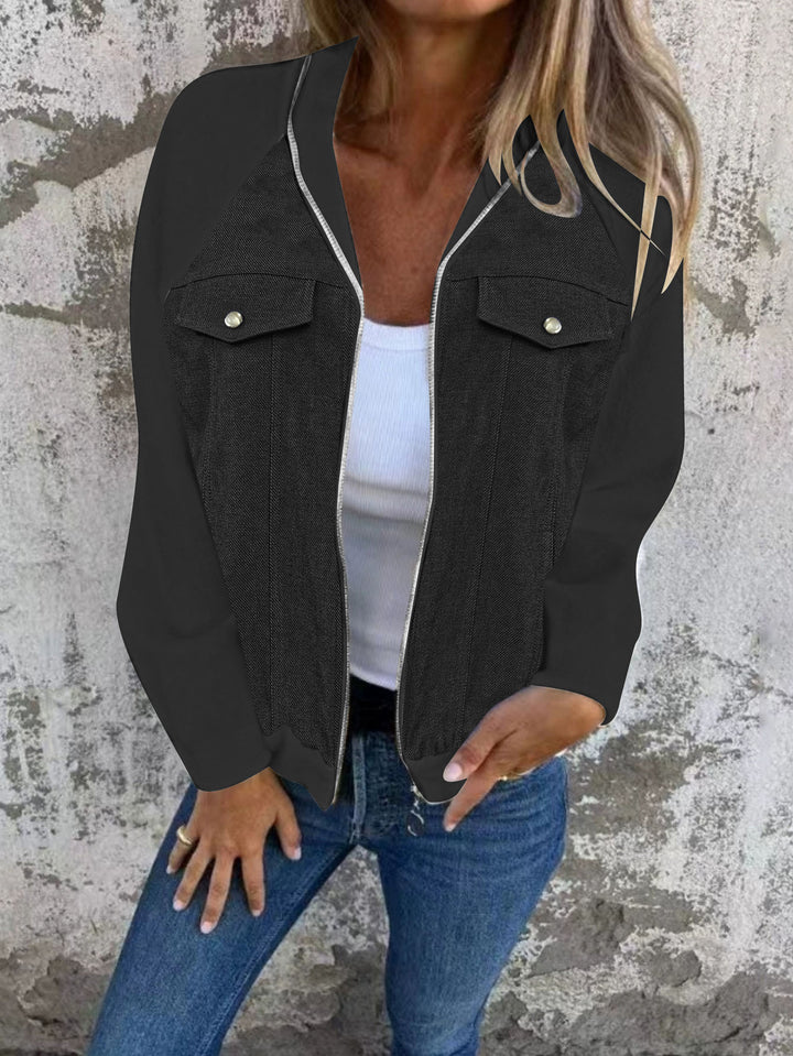 Women's denim mix blouson jacket with zipper and chest pockets Mune Fashion