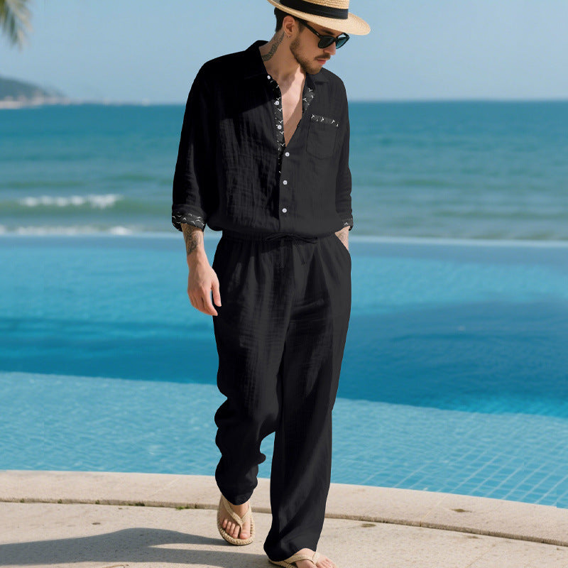 Men's Linen Look Loungewear Set with Drawstring Pants and Open Shirt Jacket Mune Fashion