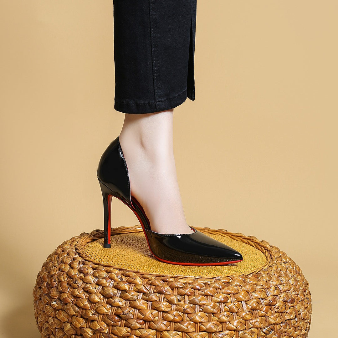 Women's Elegant Lace Patent Pumps with Cut-Out Heel Section and Slim Stiletto Heel Mune Fashion