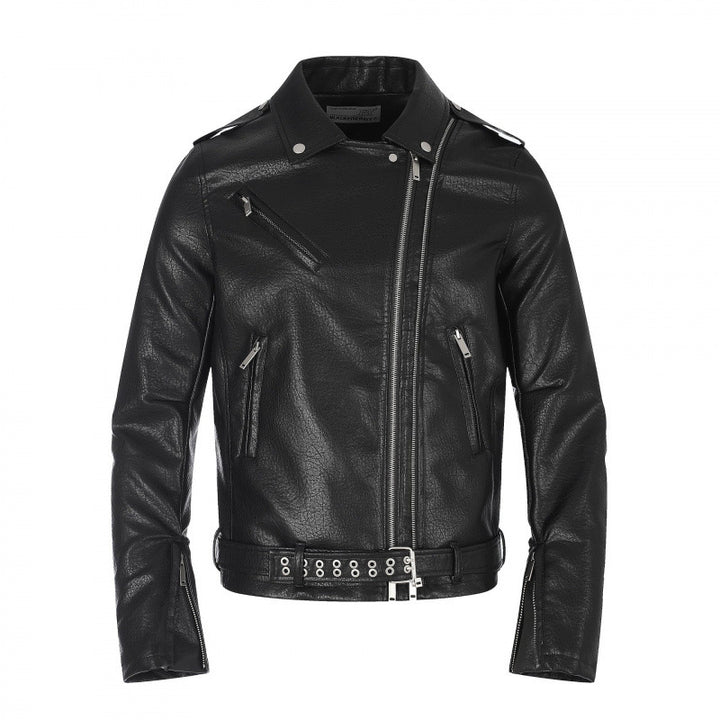Men's biker jacket in leather look with asymmetrical zipper, studded waist belt and zip sleeves Mune Fashion