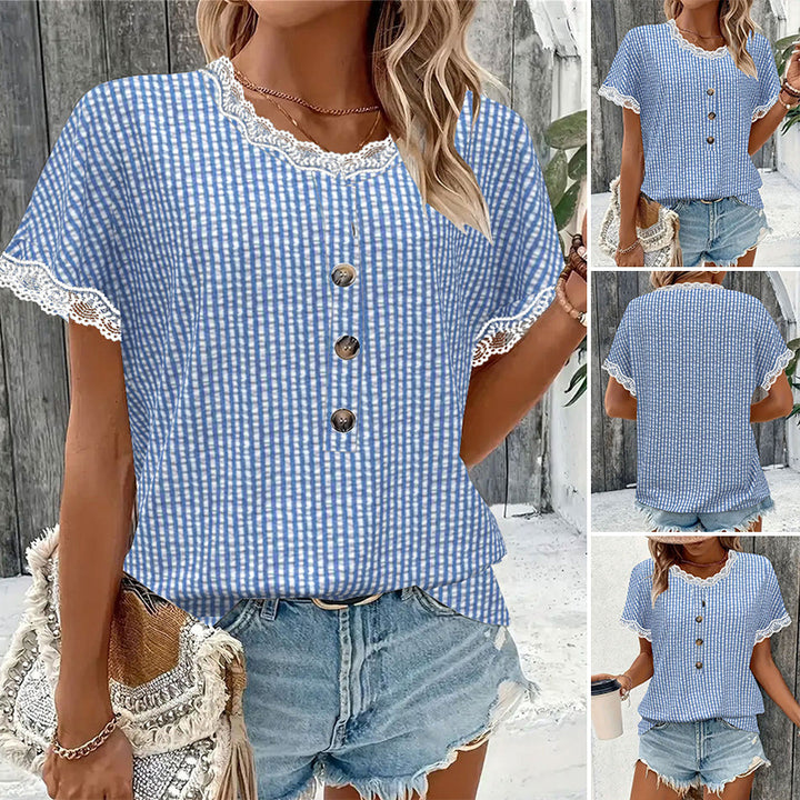 Women's short-sleeved Vichy check blouse with lace trim and decorative button placket Mune Fashion