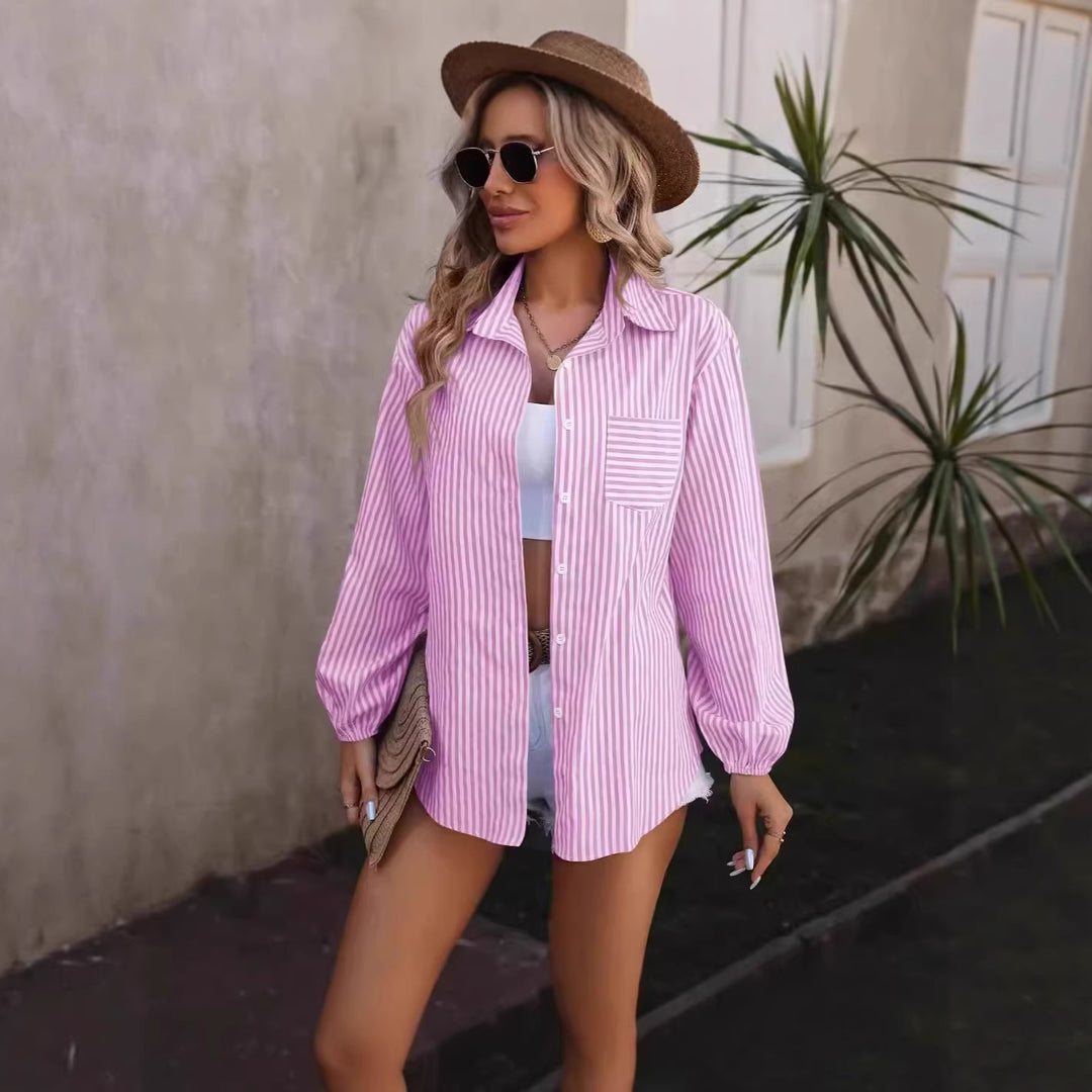 Women's Oversized Shirt Blouse with Stripes, Chest Pocket and Balloon Sleeves Drune