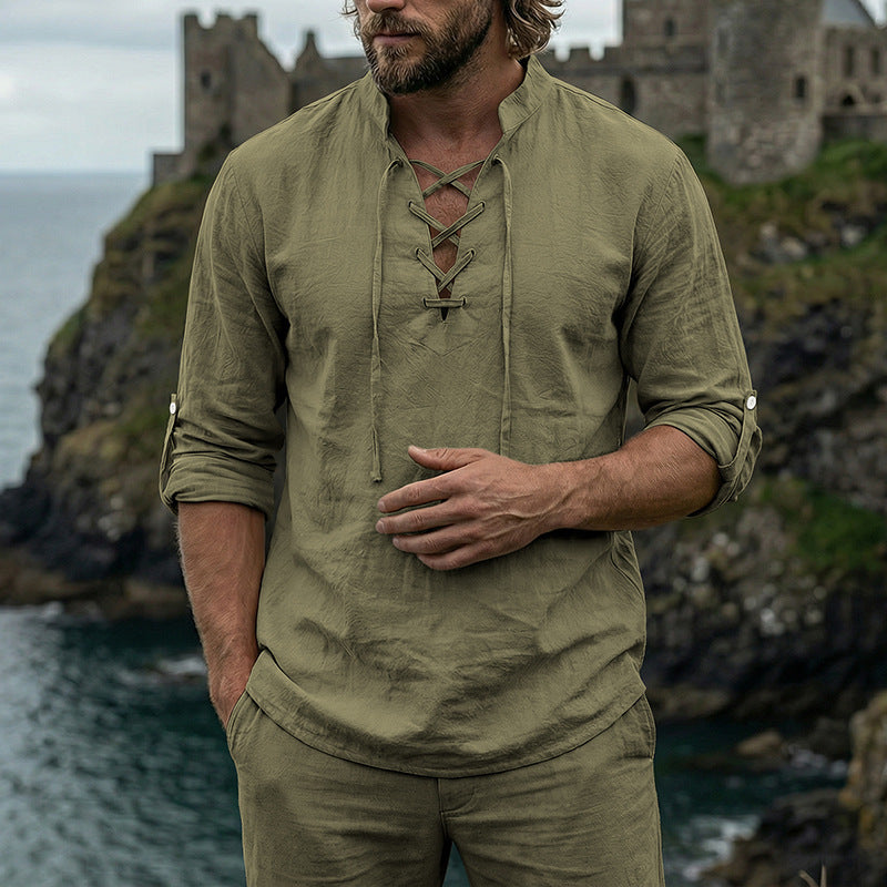 Men's Crinkle Linen Long Sleeve Shirt with Rollable Sleeves Mune Fashion
