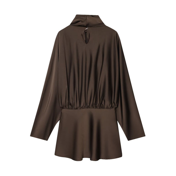 Women 30+ elegant silk-like blouse with stand-up collar and draped pull-over detail Mune Fashion
