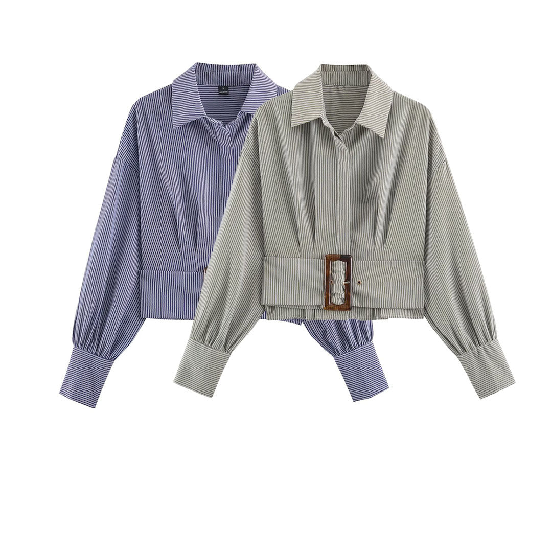 Women Cropped Shirt Blouse with Wide Waistband and Oversized Sleeves Mune Fashion