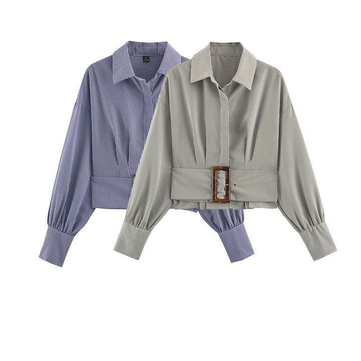 Women Cropped Shirt Blouse with Wide Waistband and Oversized Sleeves Mune Fashion